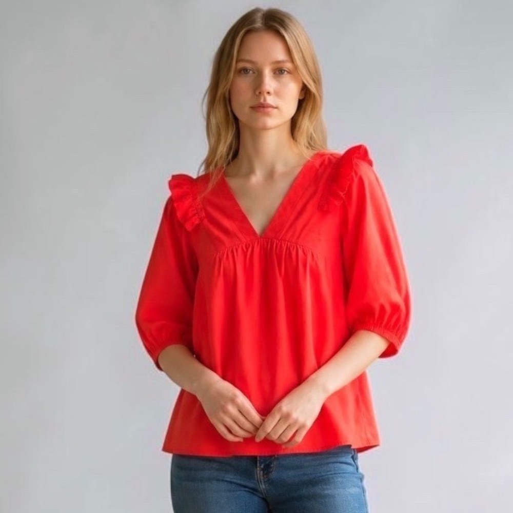 Harshman Cheryl Blouse Coral Ruffle Shoulder Puff Sleeve V-Neck Top Small NEW